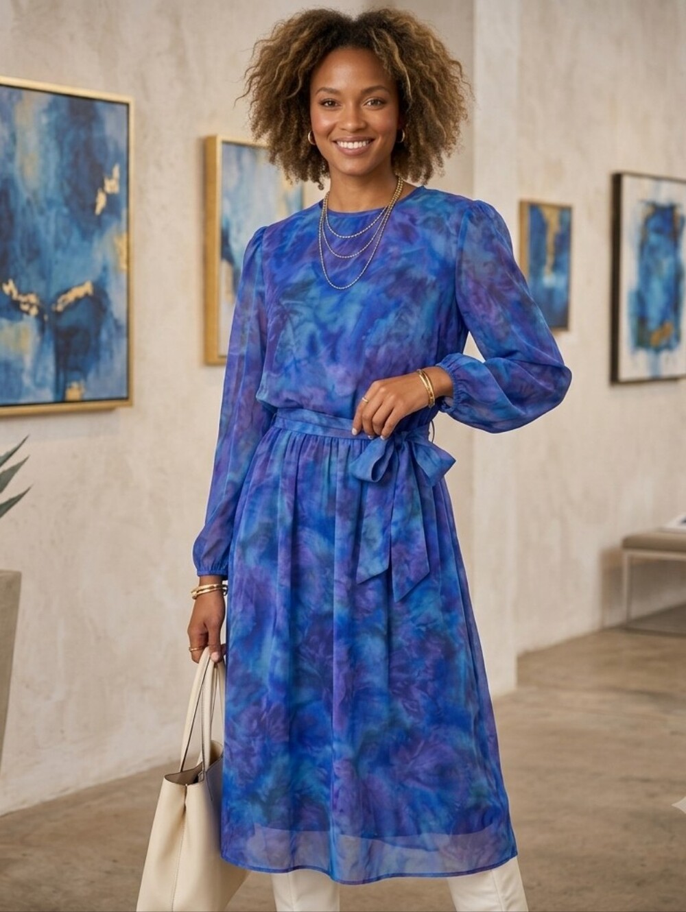 Vintage Lisa Michaels Chiffon Midi Dress Blue Purple Watercolor Abstract Size 14